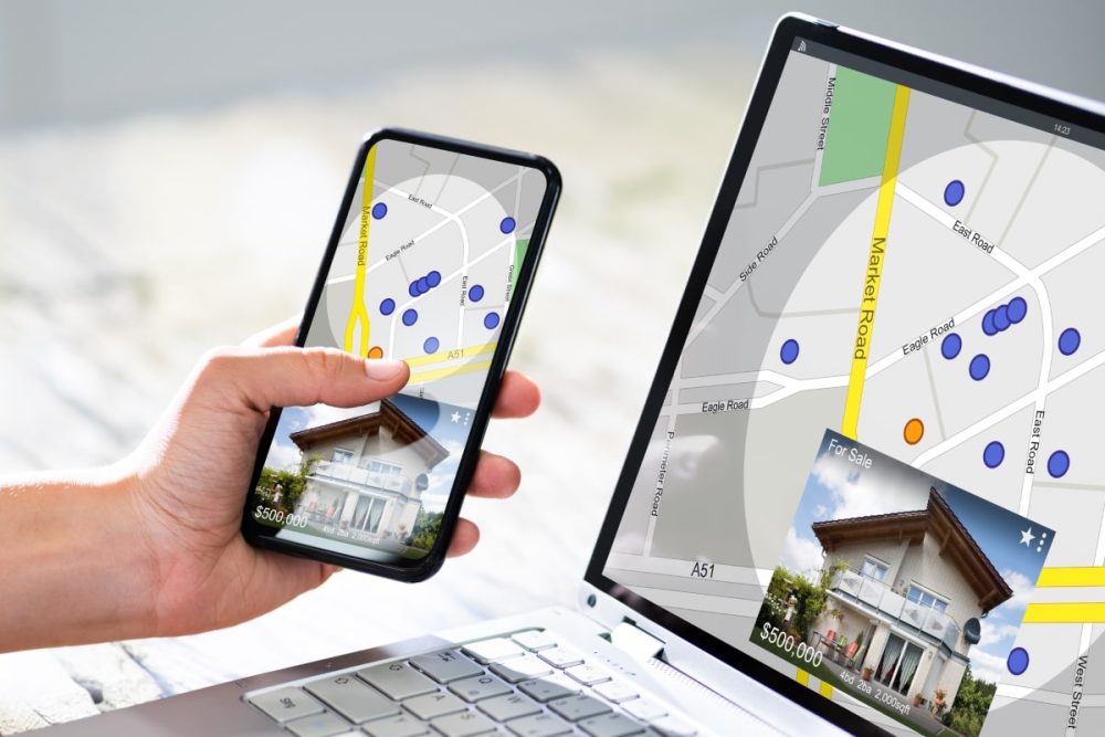 The image shows a phone and laptop screen with a property listing and interactive map, representing the digital sales strategy questions to consider when speaking with your real estate agent.